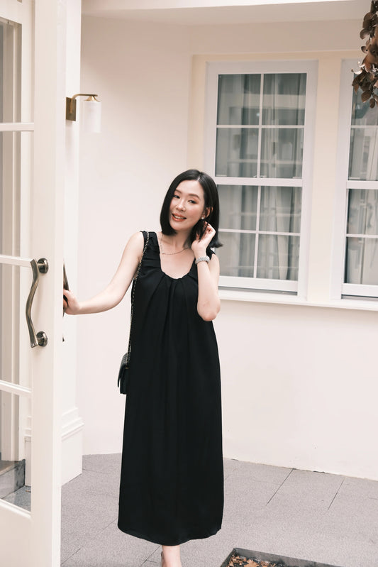Lumière Ruched Satin Slip Dress in Black