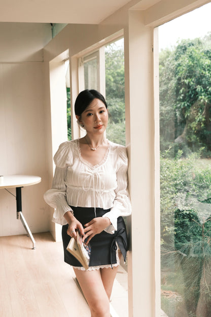 Lace-Trim Puff Sleeve Peplum Blouse in White