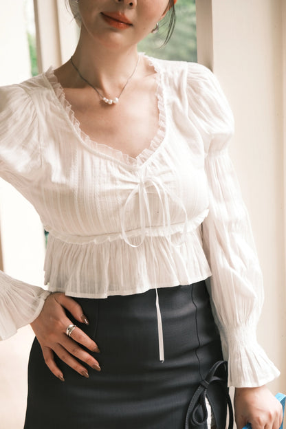 Lace-Trim Puff Sleeve Peplum Blouse in White