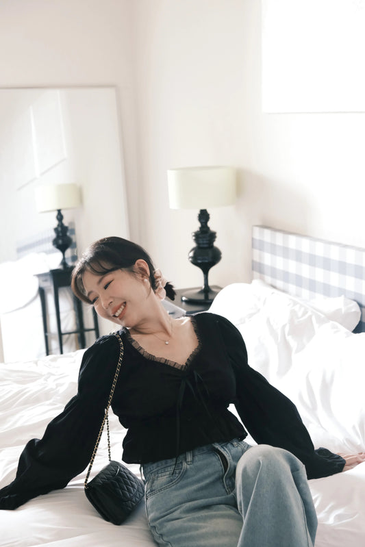 Lace-Trim Puff Sleeve Peplum Blouse in Black