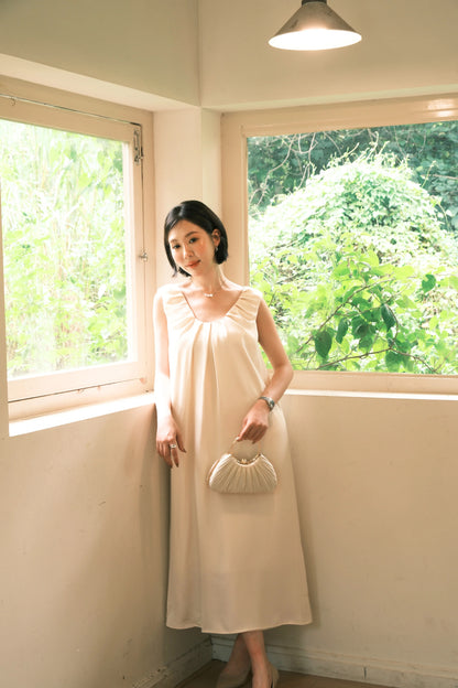 Lumière Ruched Satin Slip Dress in Beige