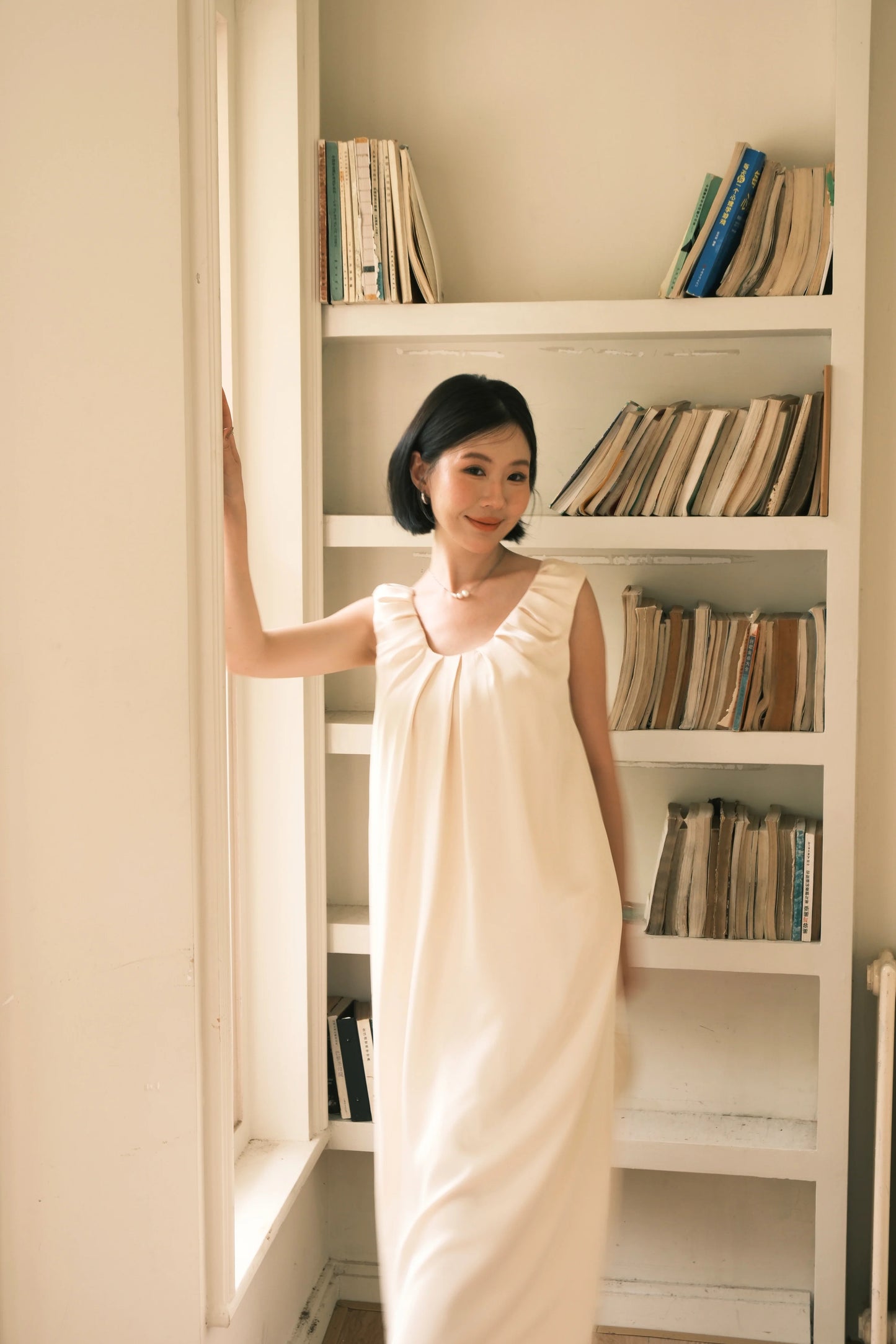 Lumière Ruched Satin Slip Dress in Beige