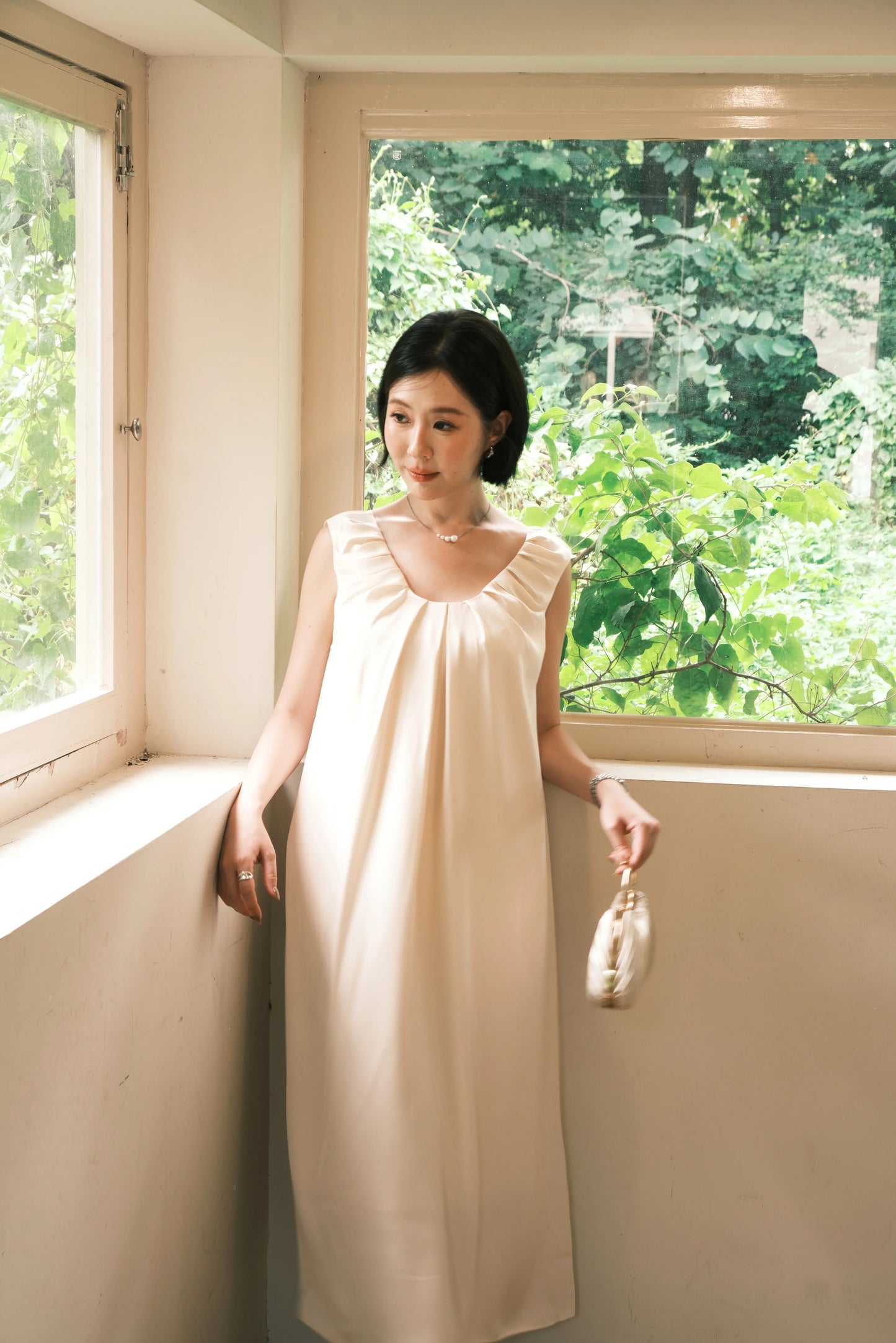 Lumière Ruched Satin Slip Dress in Beige