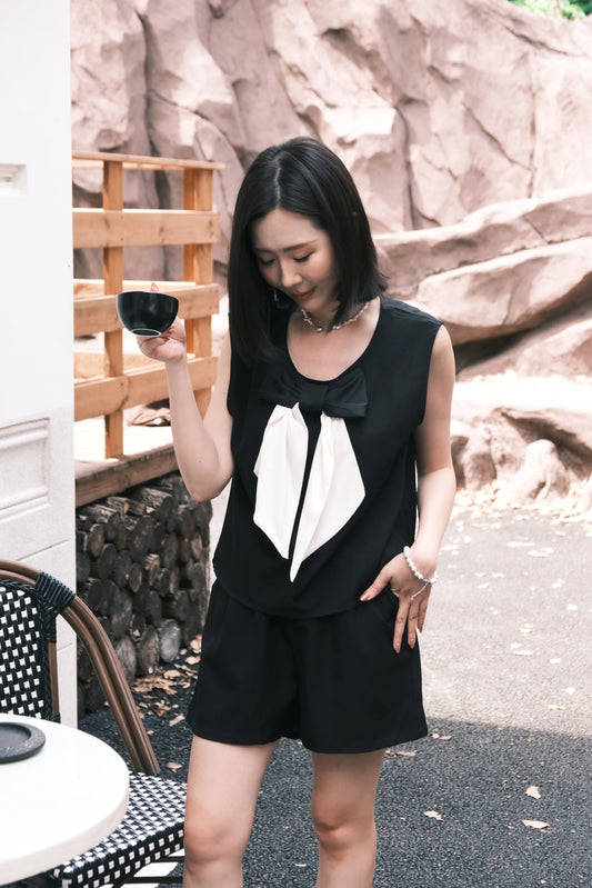 Monroe Satin Bow-Tie Top & Tailored Shorts Set