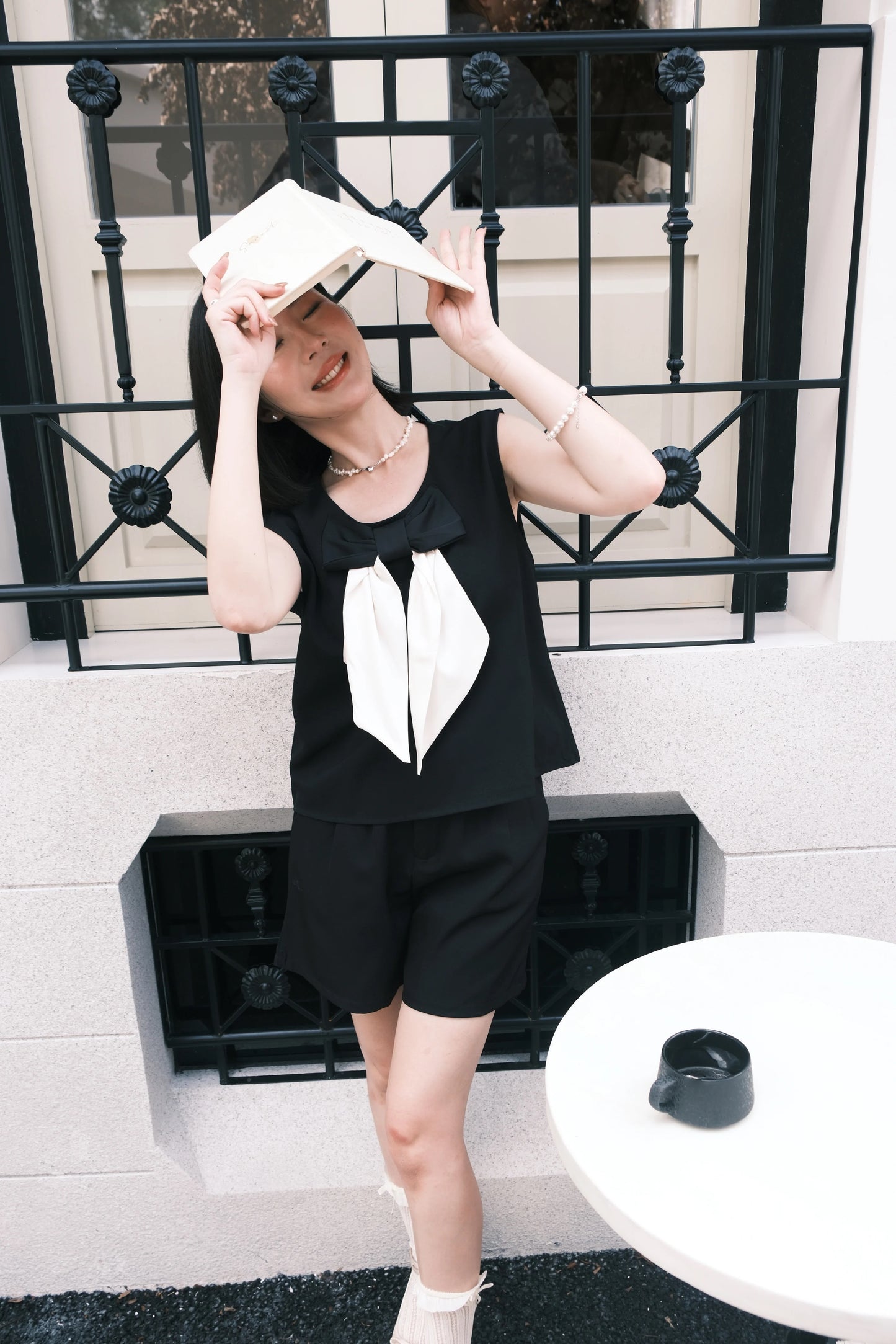 Monroe Satin Bow-Tie Top & Tailored Shorts Set