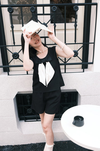 Monroe Satin Bow-Tie Top & Tailored Shorts Set