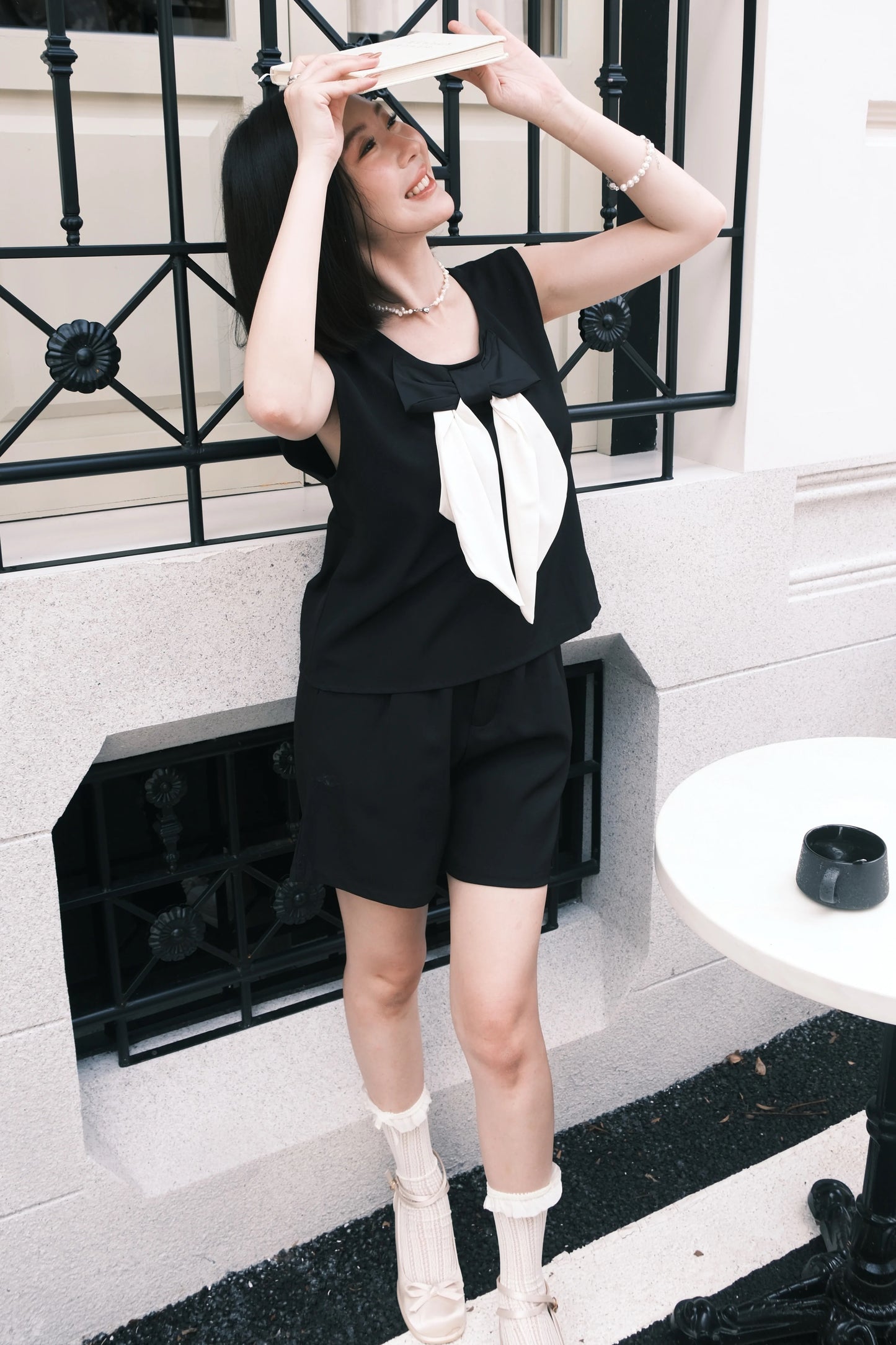 Monroe Satin Bow-Tie Top & Tailored Shorts Set