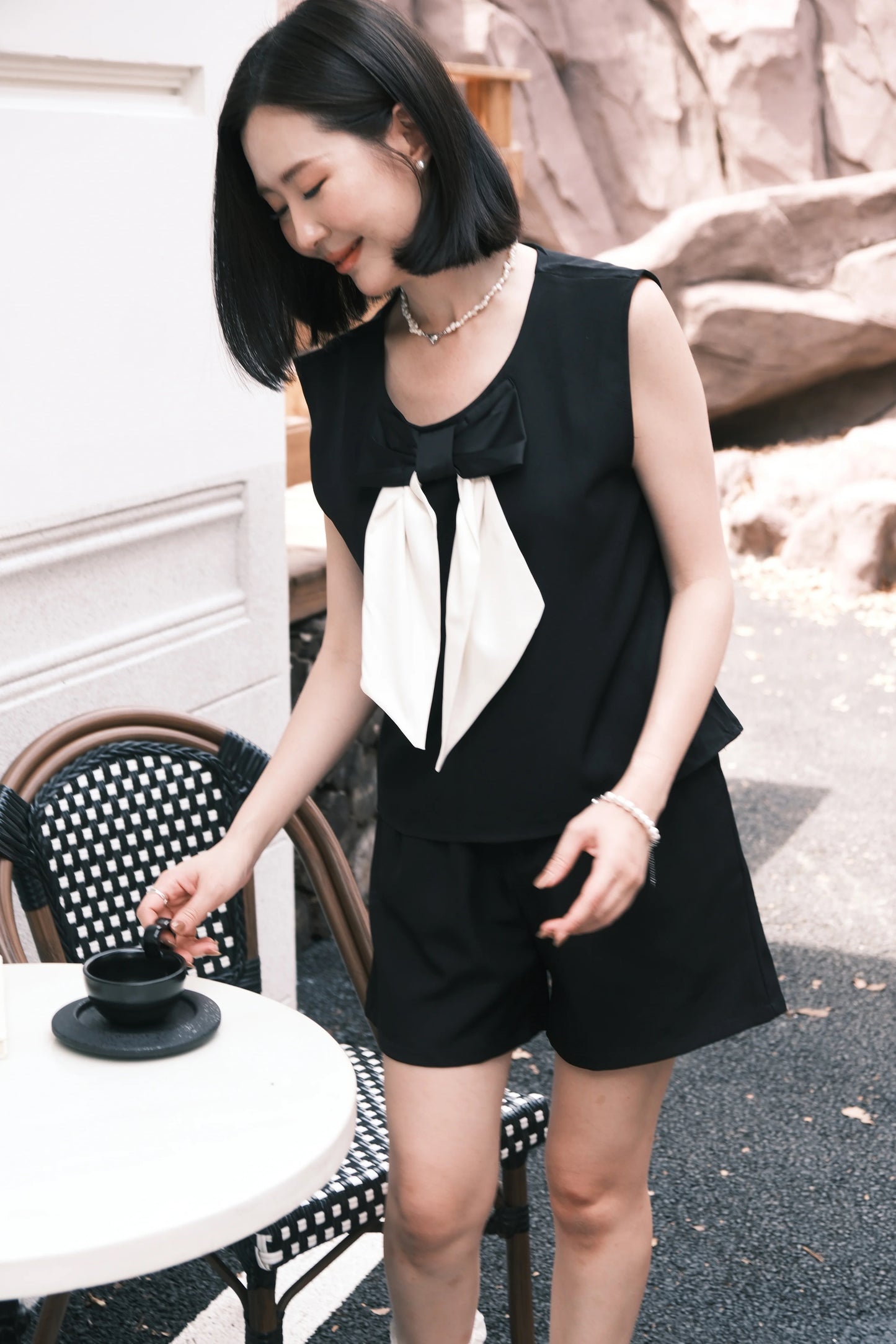 Monroe Satin Bow-Tie Top & Tailored Shorts Set