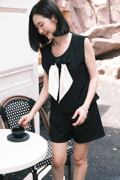 Monroe Satin Bow-Tie Top & Tailored Shorts Set
