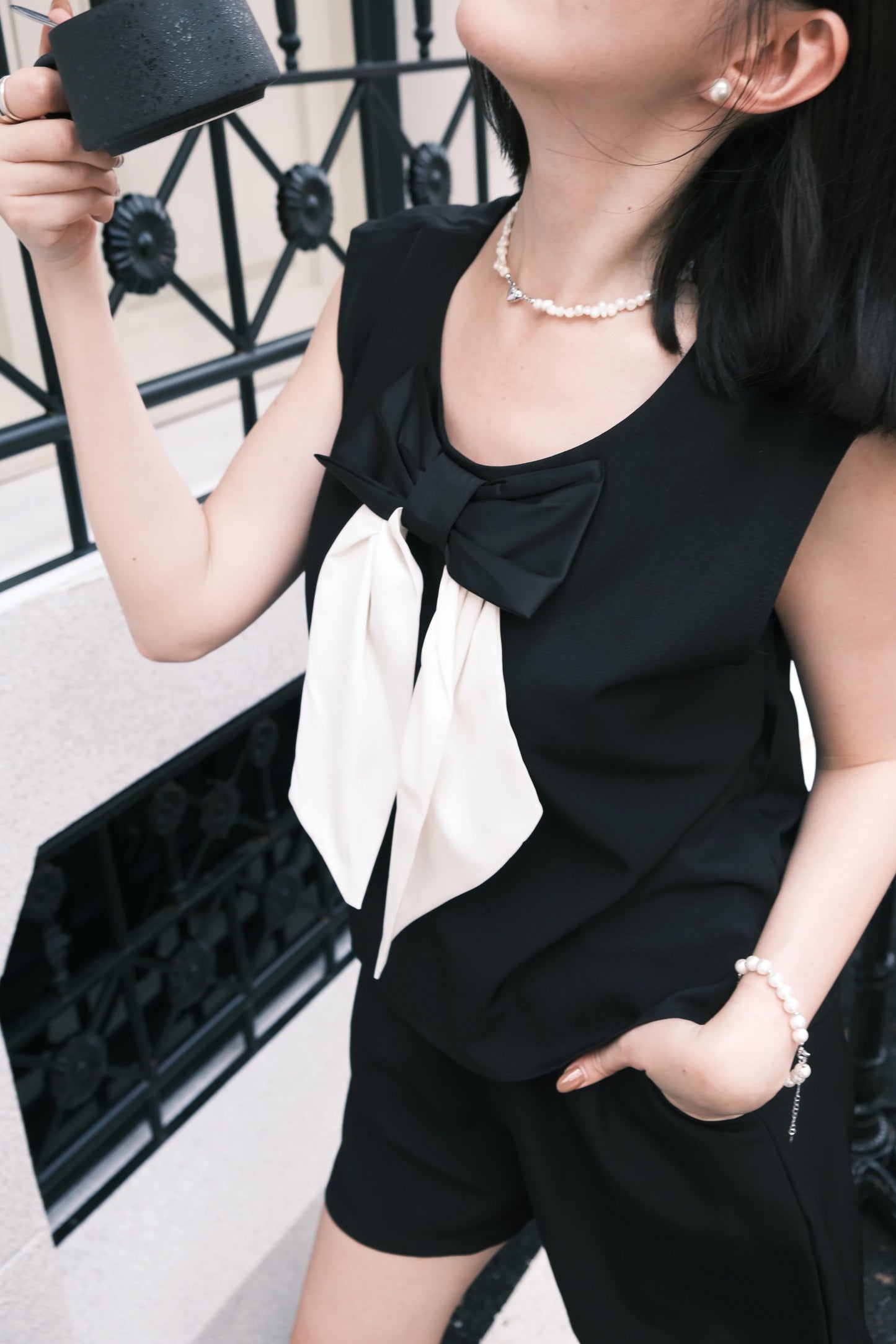 Monroe Satin Bow-Tie Top & Tailored Shorts Set