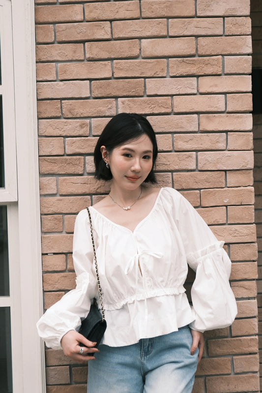 Vivienne Drawstring Puff-Sleeve Blouse