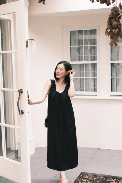Lumière Ruched Satin Slip Dress in Black