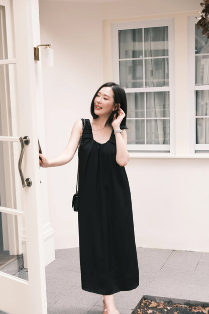 Lumière Ruched Satin Slip Dress in Black