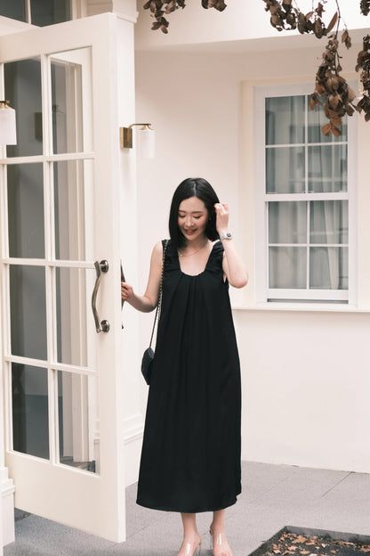 Lumière Ruched Satin Slip Dress in Black