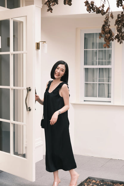Lumière Ruched Satin Slip Dress in Black