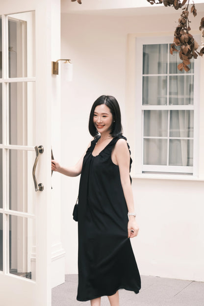 Lumière Ruched Satin Slip Dress in Black