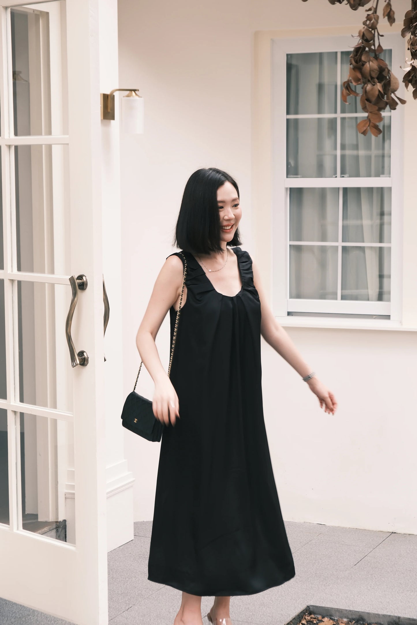 Lumière Ruched Satin Slip Dress in Black