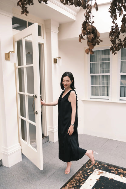Lumière Ruched Satin Slip Dress in Black