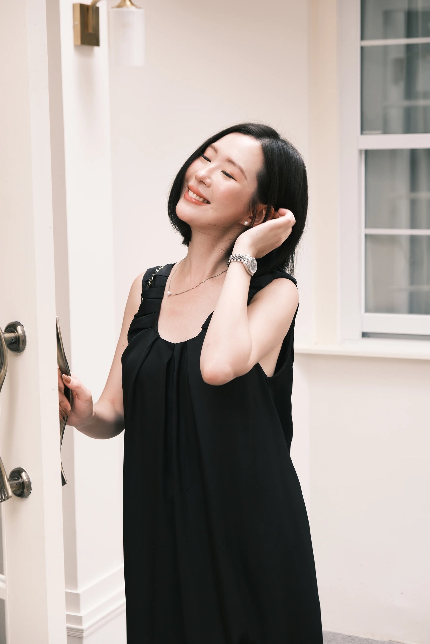 Lumière Ruched Satin Slip Dress in Black