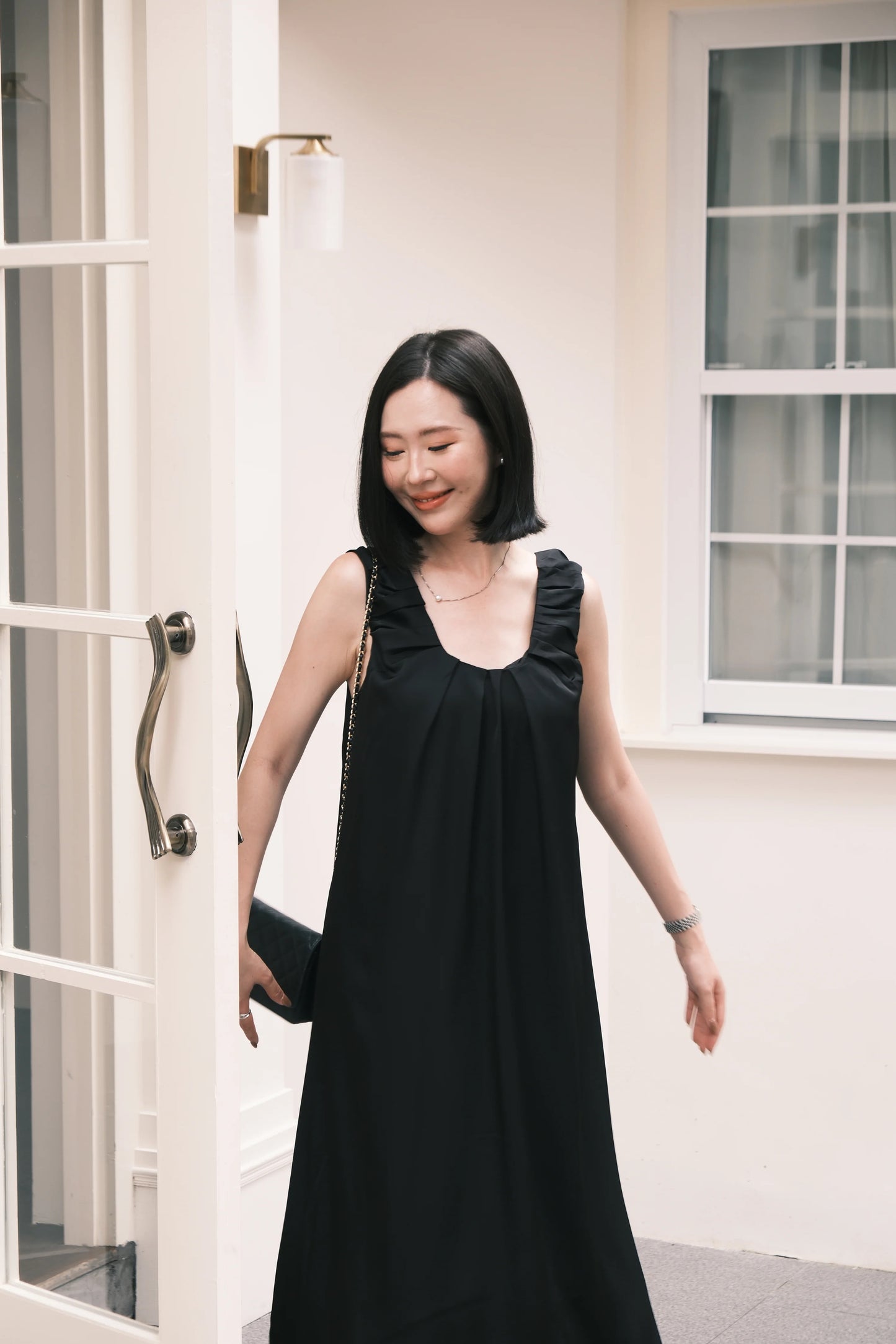 Lumière Ruched Satin Slip Dress in Black