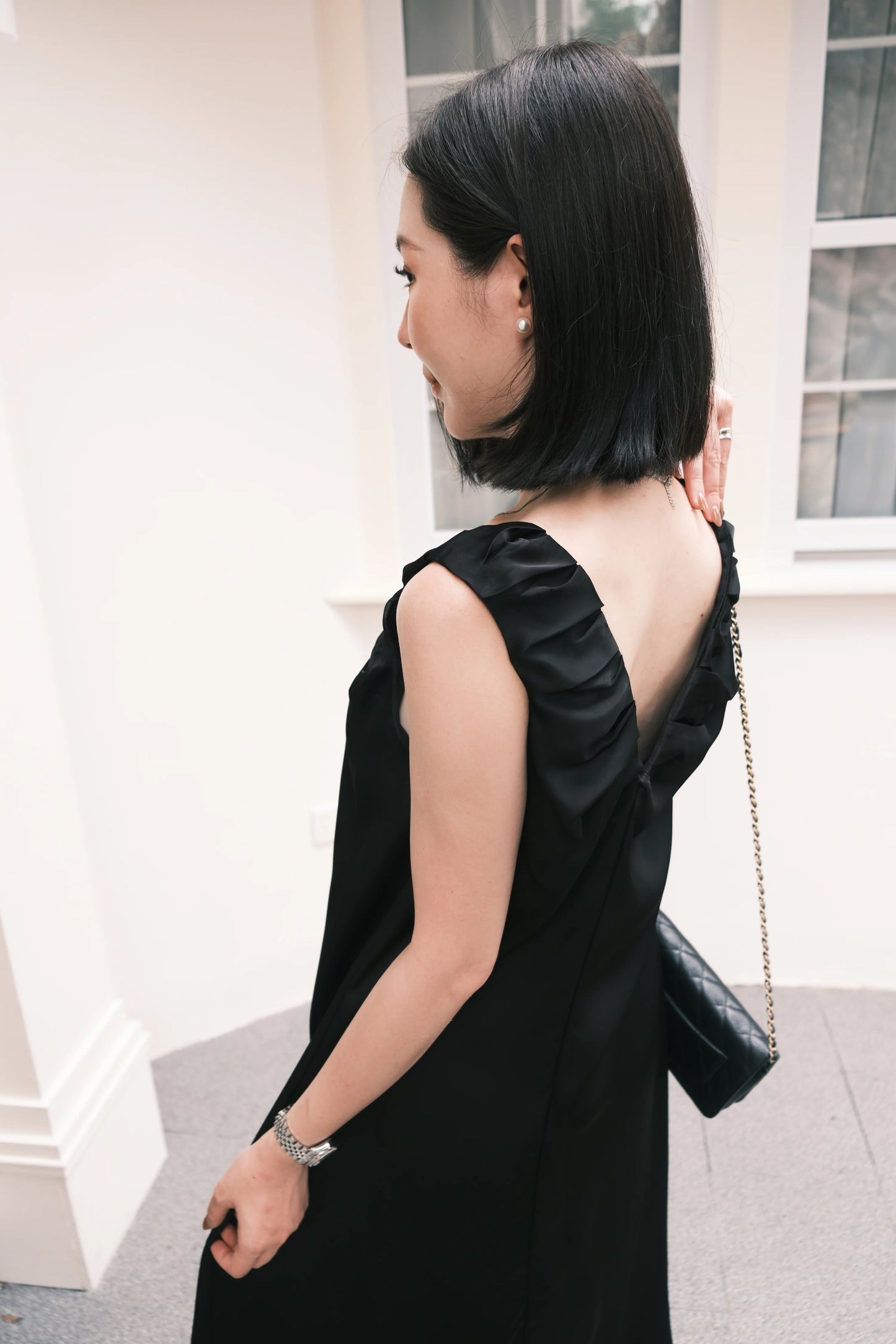 Lumière Ruched Satin Slip Dress in Black