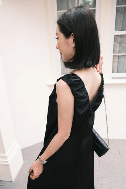 Lumière Ruched Satin Slip Dress in Black