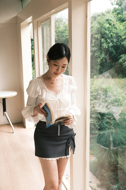 Ribbon Lace-Trim Mini Skirt in Grey