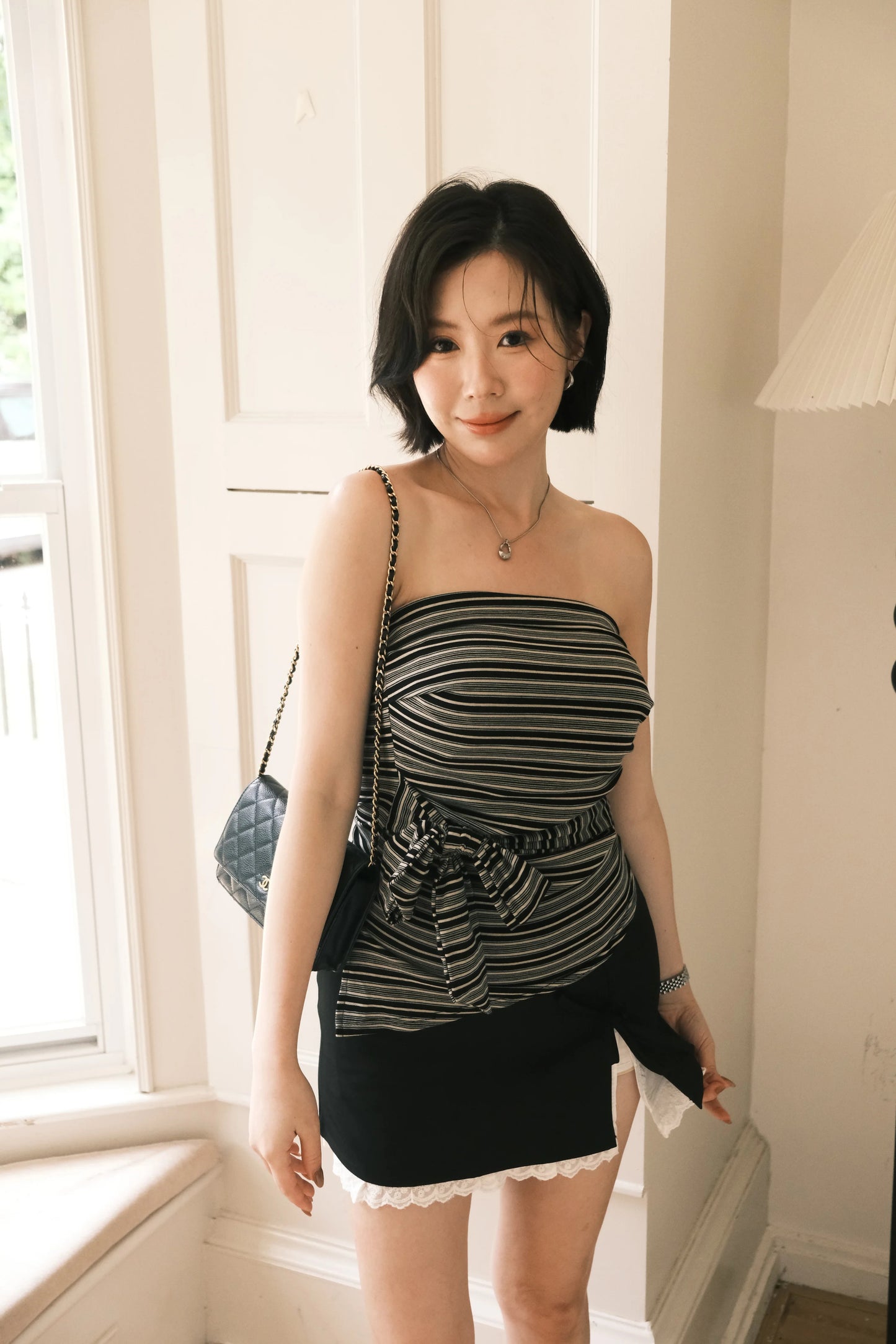 Ribbon Lace-Trim Mini Skirt in Black