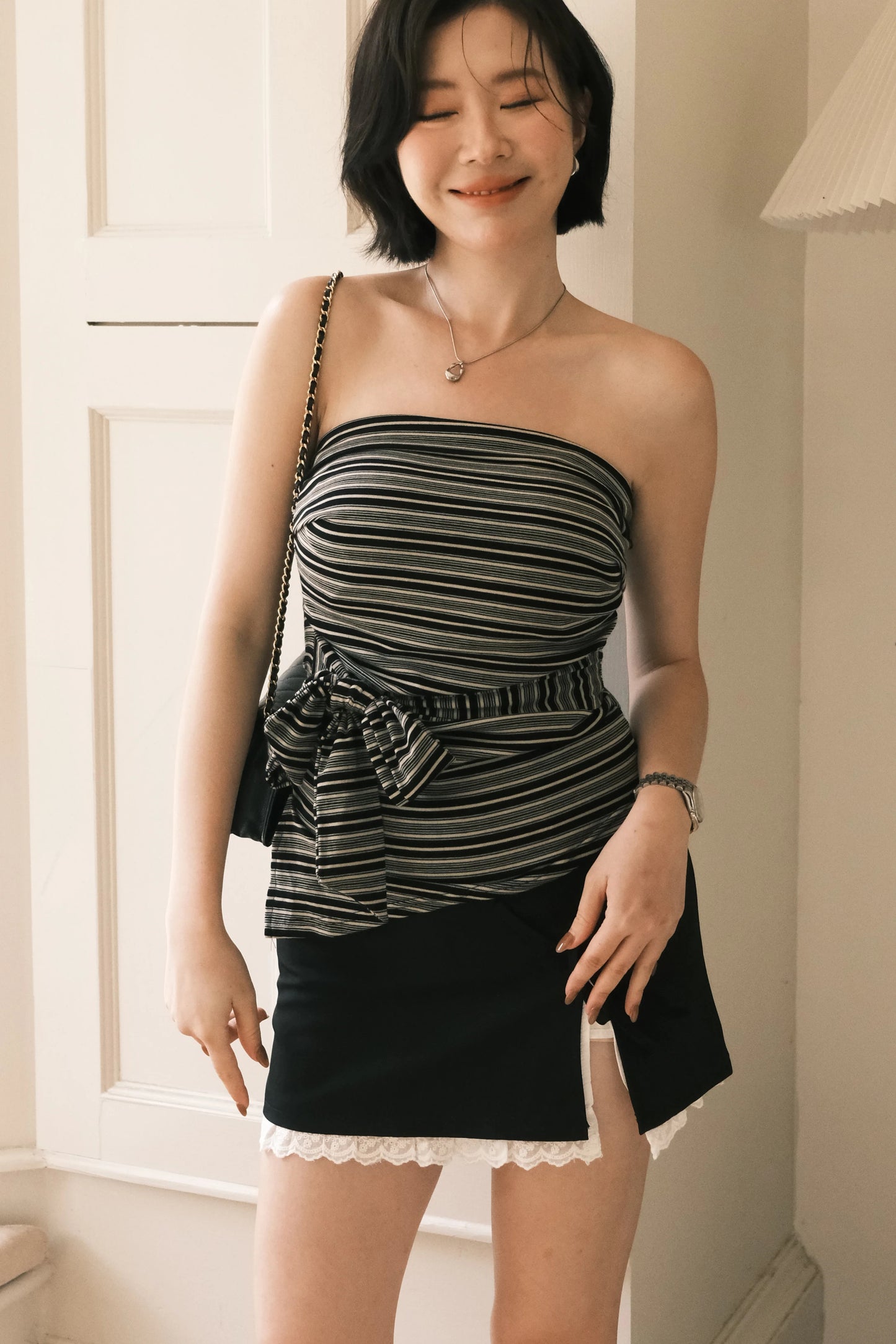 Ribbon Lace-Trim Mini Skirt in Black