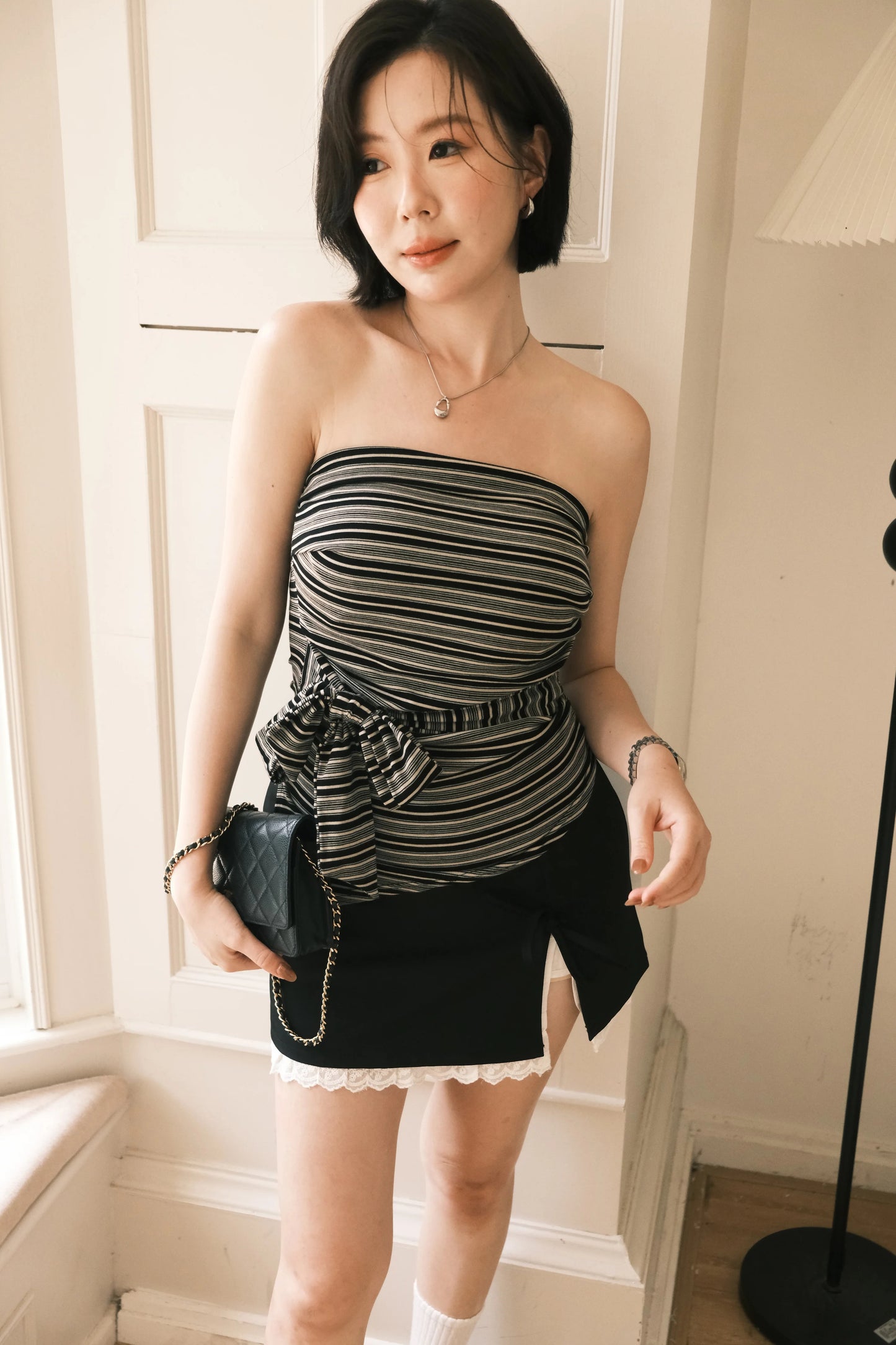 Ribbon Lace-Trim Mini Skirt in Black