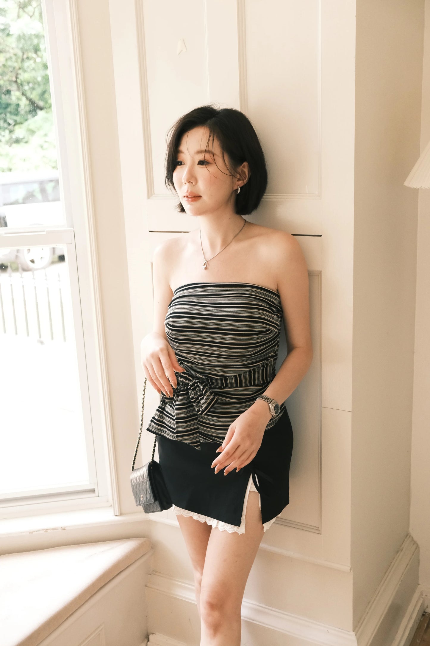 Ribbon Lace-Trim Mini Skirt in Black