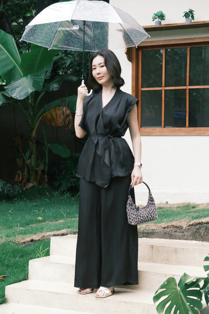 Olienne Satin Wrap Set in Black