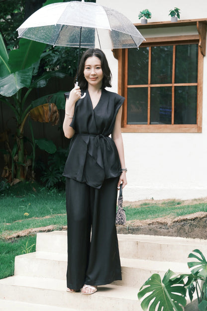 Olienne Satin Wrap Set in Black