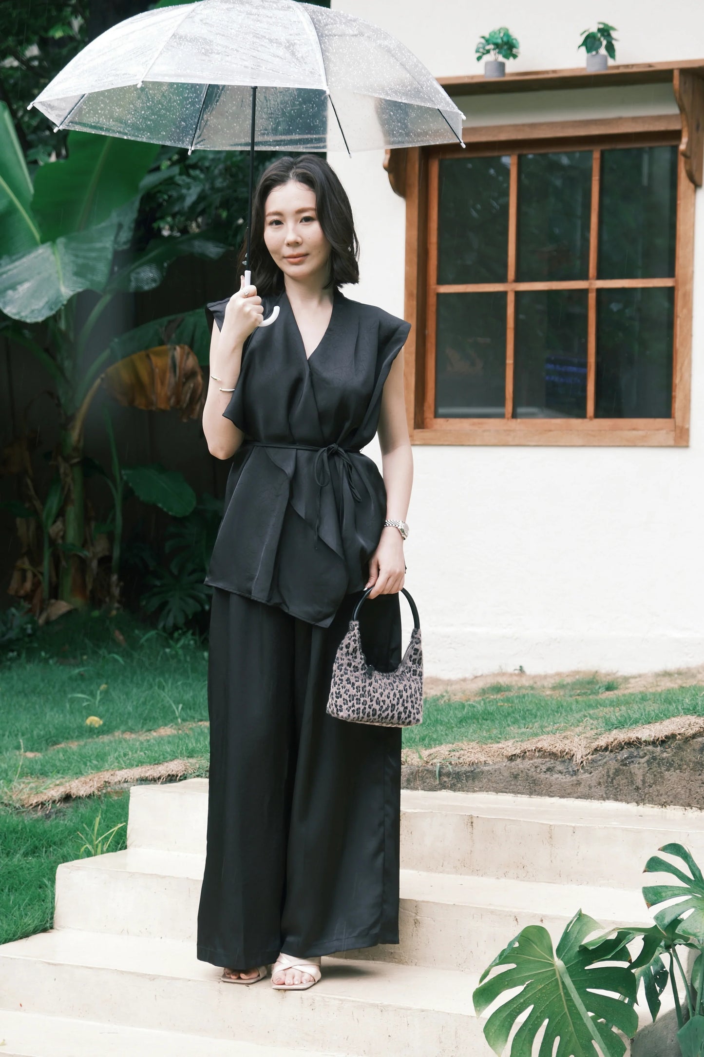 Olienne Satin Wrap Set in Black