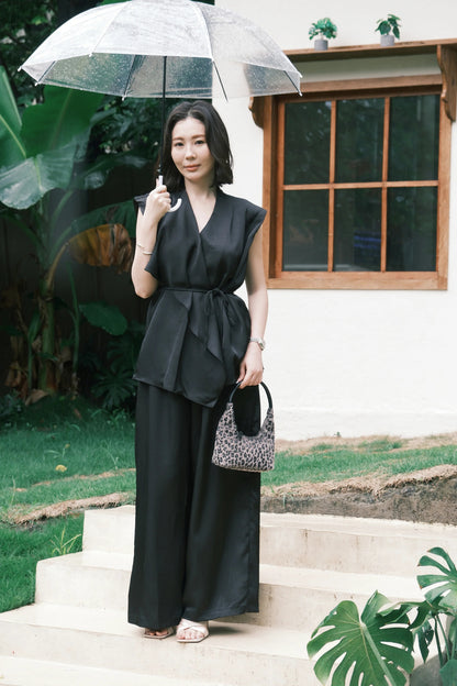 Olienne Satin Wrap Set in Black