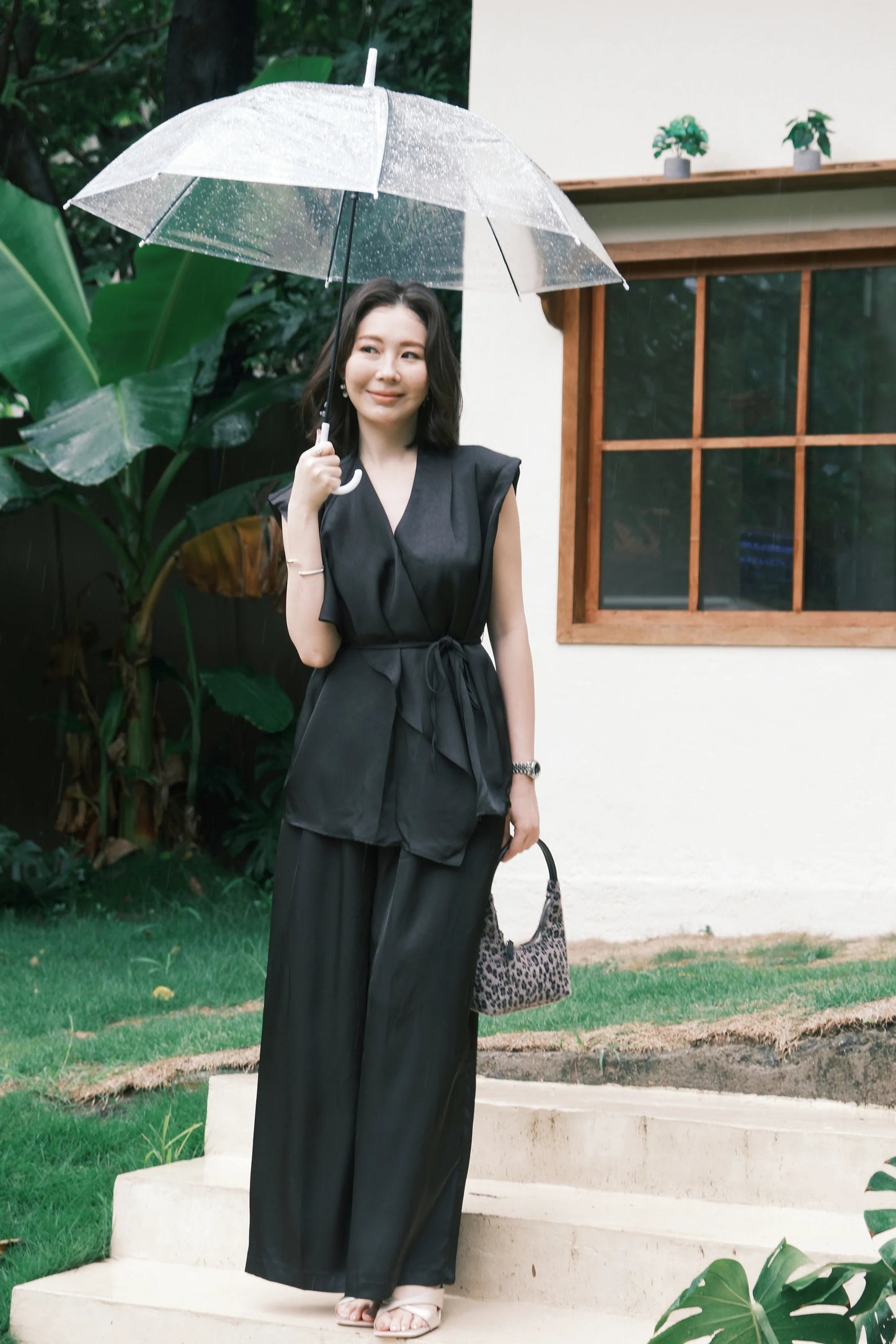 Olienne Satin Wrap Set in Black