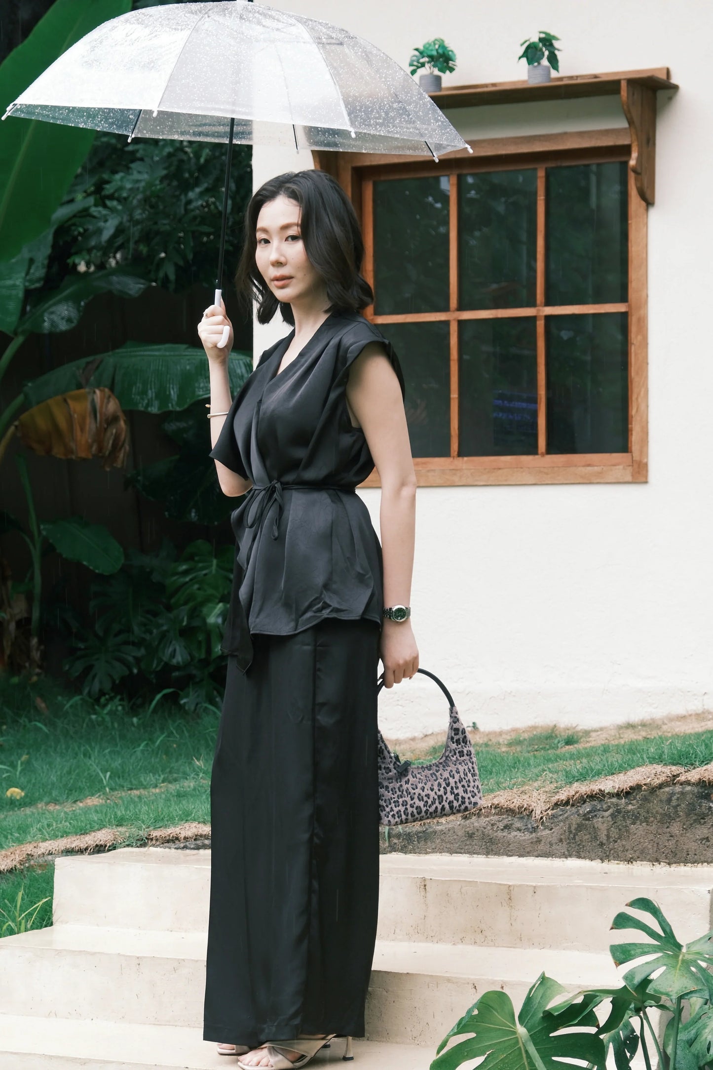 Olienne Satin Wrap Set in Black