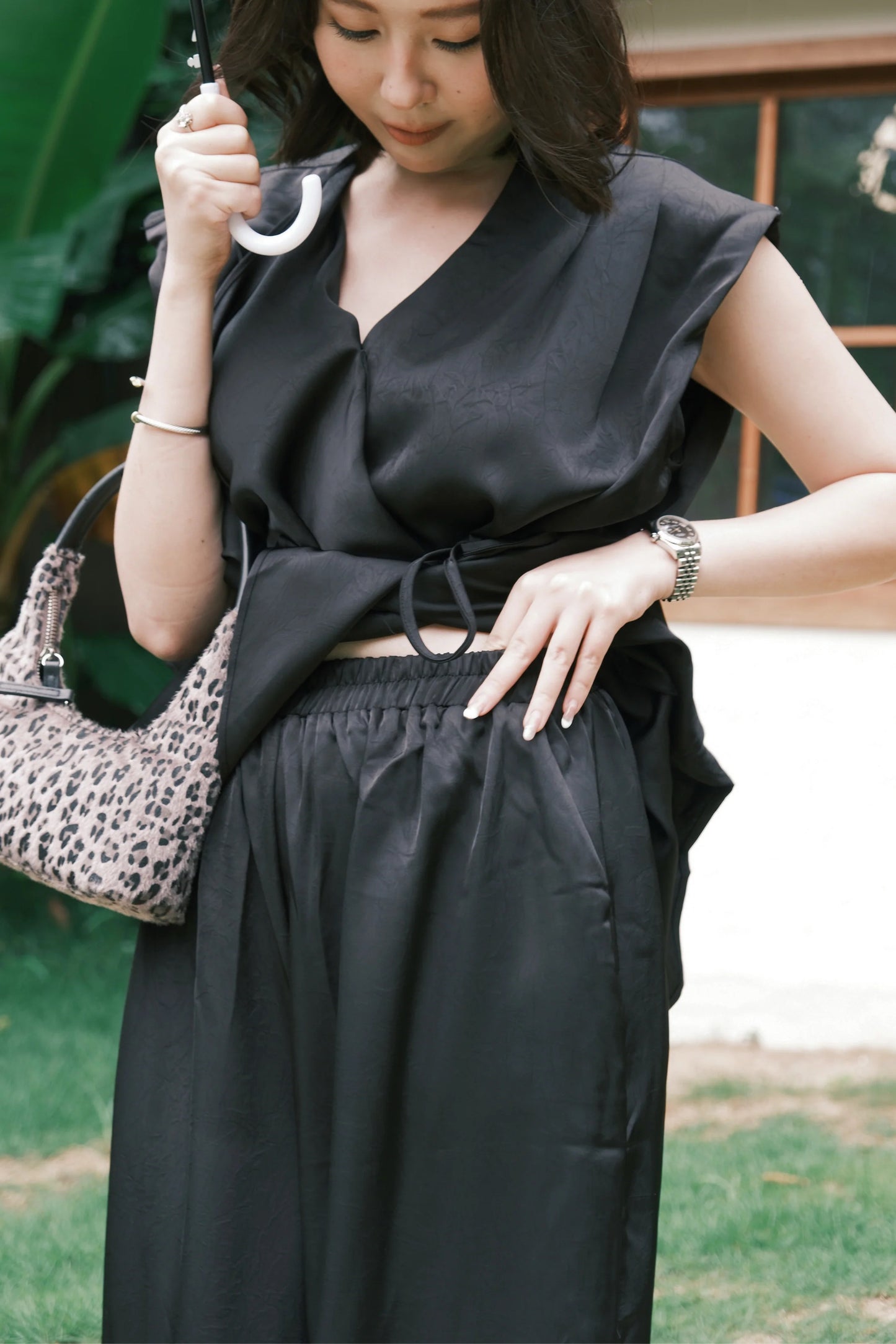 Olienne Satin Wrap Set in Black