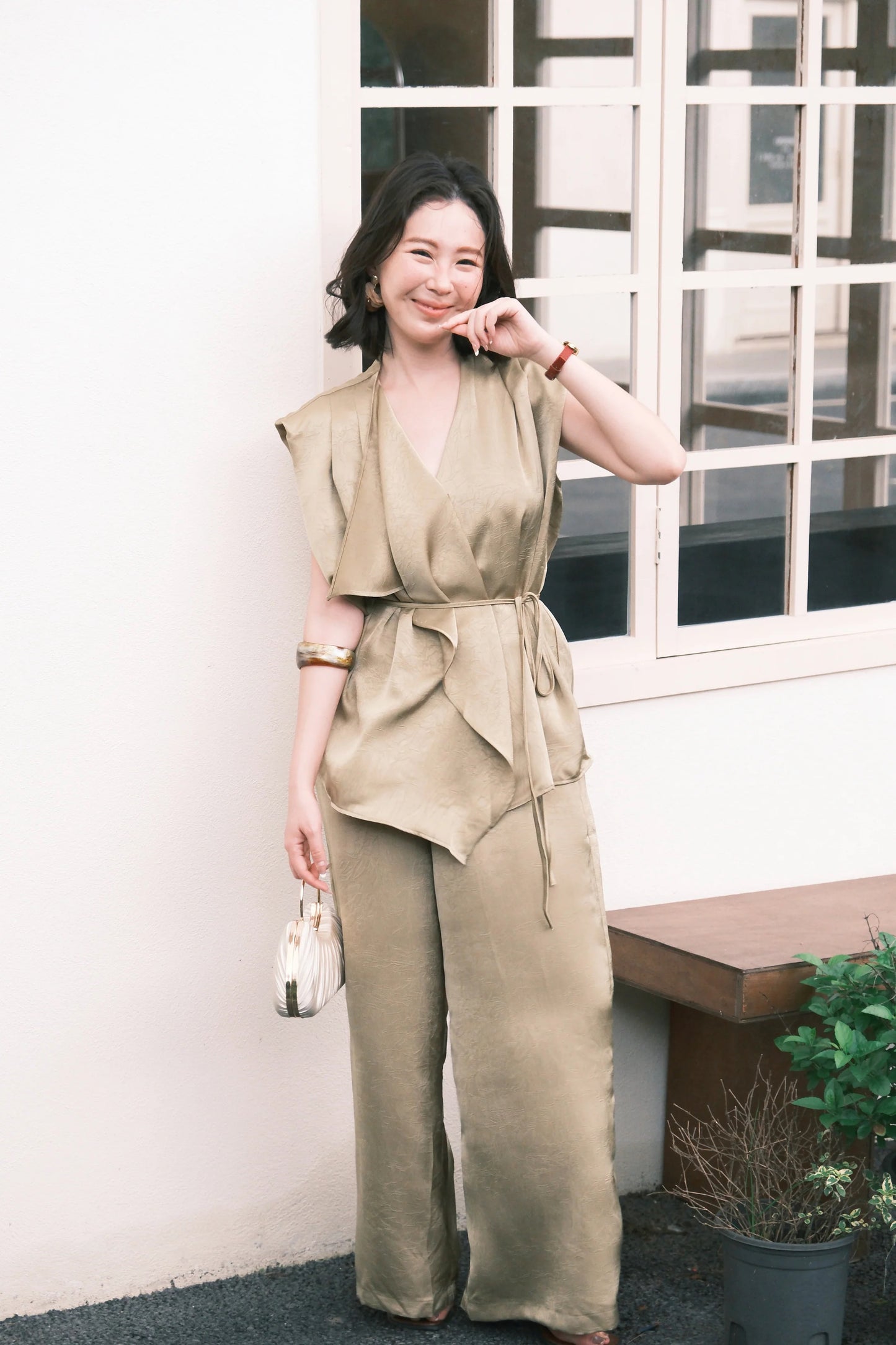 Olienne Satin Wrap Set in Green