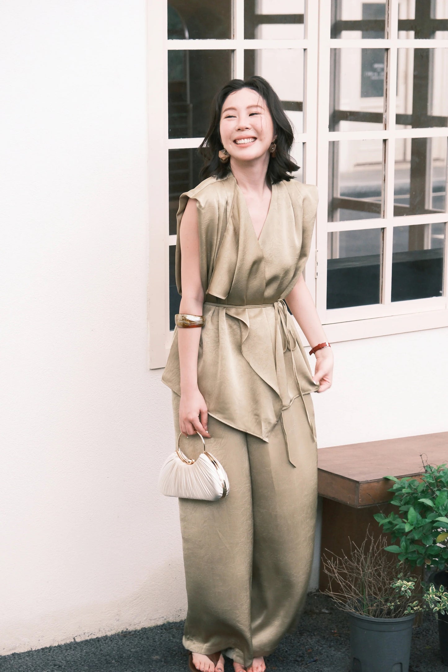Olienne Satin Wrap Set in Green