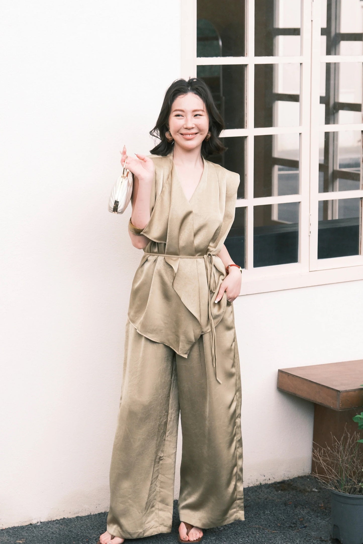 Olienne Satin Wrap Set in Green
