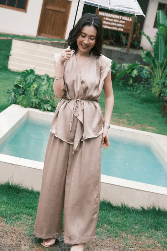 Olienne Satin Wrap Set in Khaki