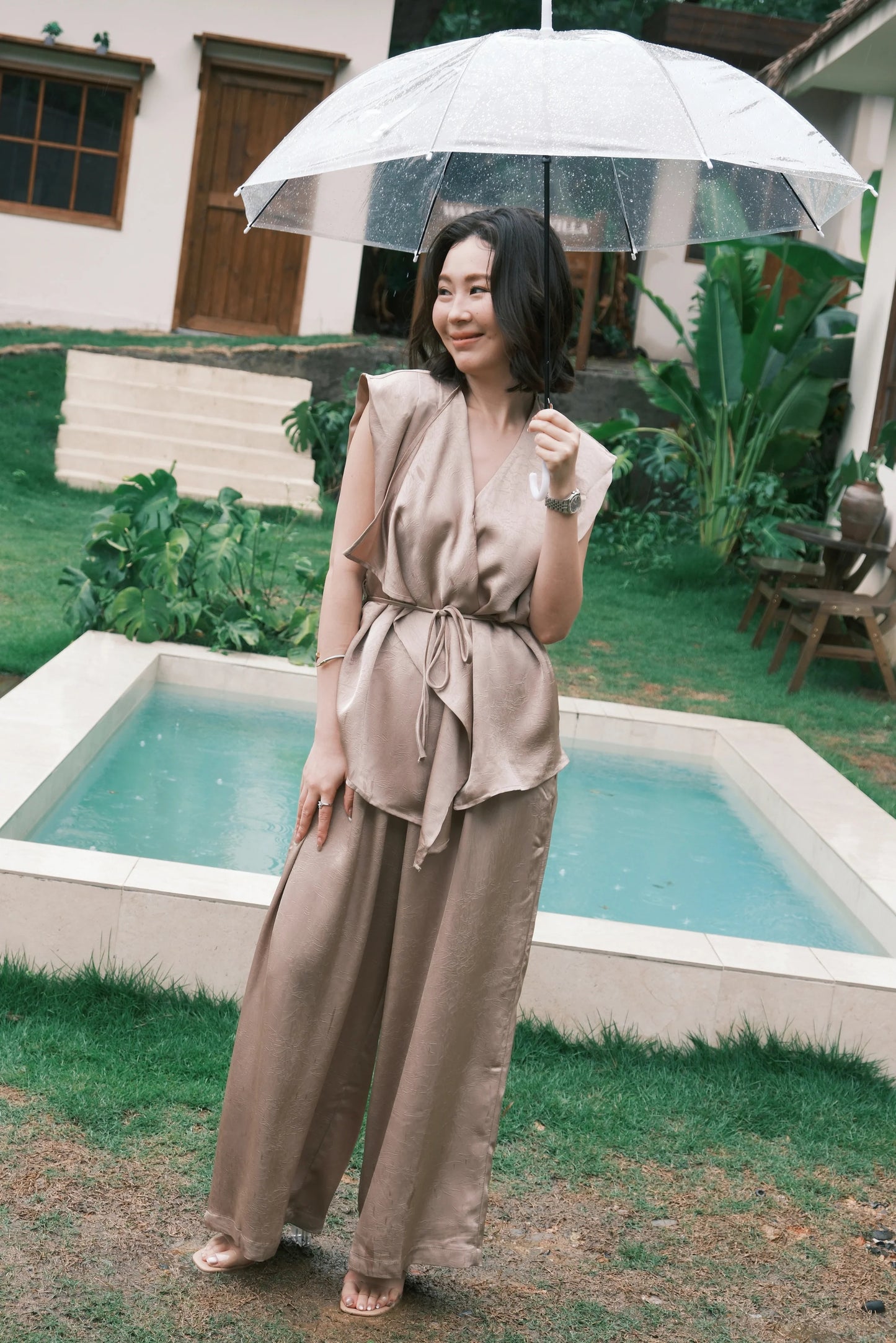 Olienne Satin Wrap Set in Khaki
