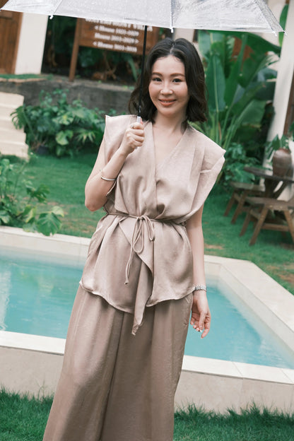 Olienne Satin Wrap Set in Khaki