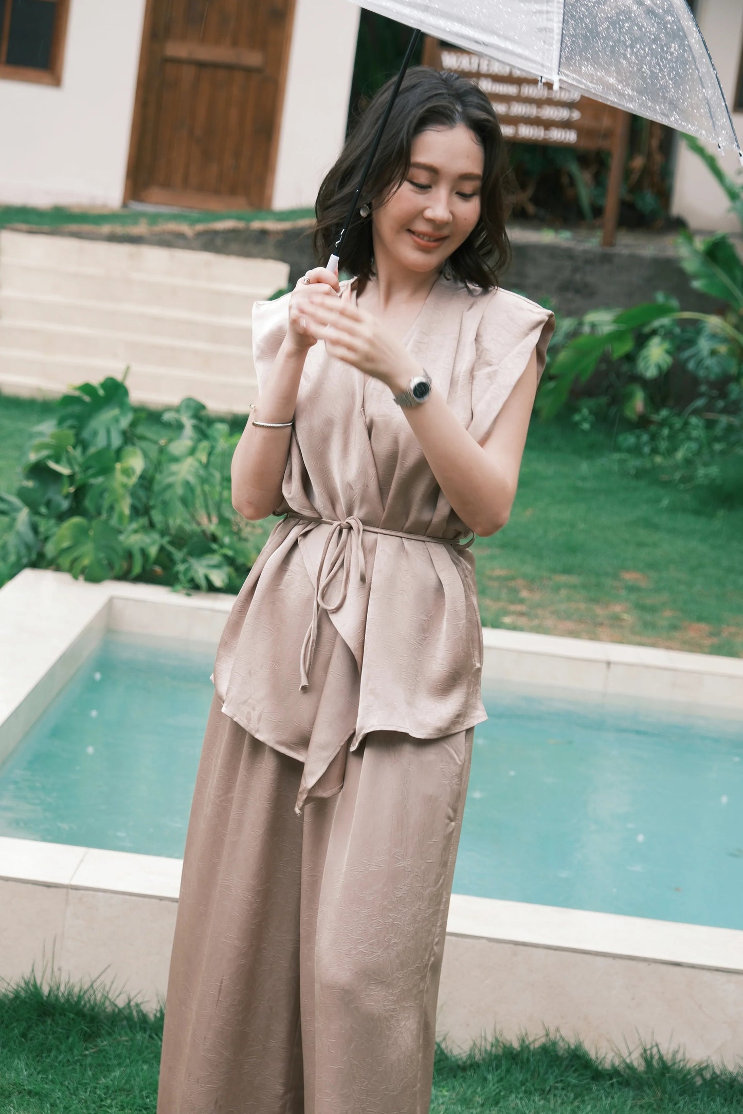 Olienne Satin Wrap Set in Khaki