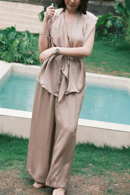 Olienne Satin Wrap Set in Khaki