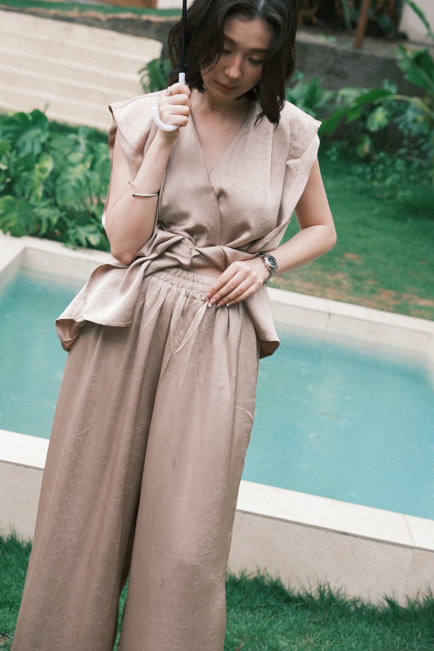 Olienne Satin Wrap Set in Khaki