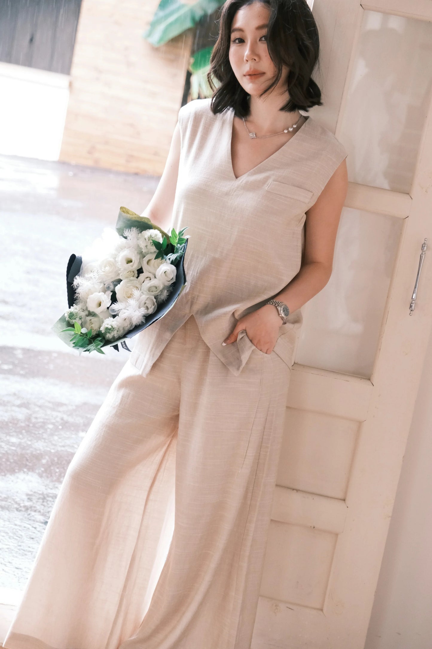 Lunelle Linen Layered Set in Light Khaki