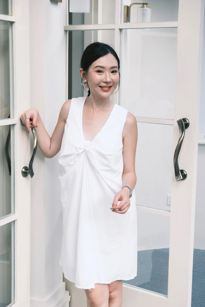 Kira Twist-Drape V-Neck Dress in White