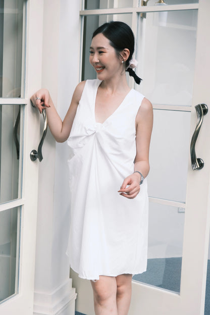Kira Twist-Drape V-Neck Dress in White